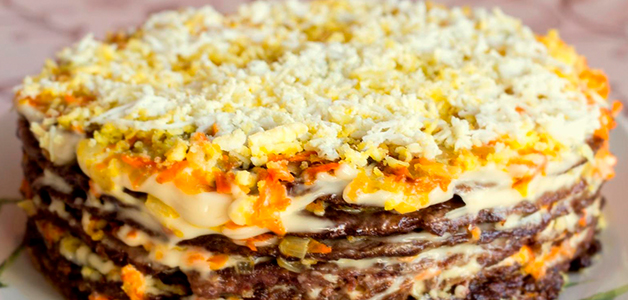 Печеночный торт из говяжьей печени Печеночный торт из куриной печени